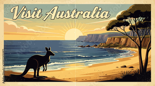 Visit Australia Retro Poster: Kangaroo on Beach at Sunset