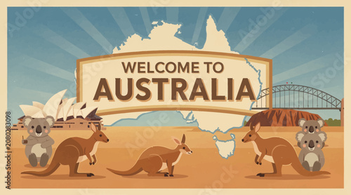 Welcome to Australia postcard, kangaroos, koalas, Sydney Opera House, Uluru
