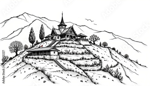 The image depicts a large, ornate building situated atop a hill with terraced landscaping