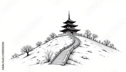 The image depicts a traditional multi tiered pagoda situated atop a snow covered hill