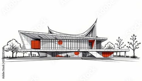 The image depicts a modern architectural building with a sleek, dynamic design characterized by sharp angles and flowing curves