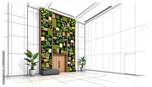 The image features a modern, minimalistic interior space with a large decorative wall on one side, filled with an arrangement of various green plants in open, grid like wooden planters