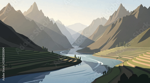 Scenic Mountain Valley River Landscape with Terraced Fields and Mist