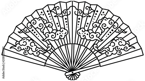 Elegant folding fan decorated with stylized clouds and circular patterns.