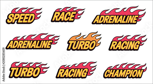 Fotografie Flaming text graphics with blazing fire lettering for racing, automotive brandin