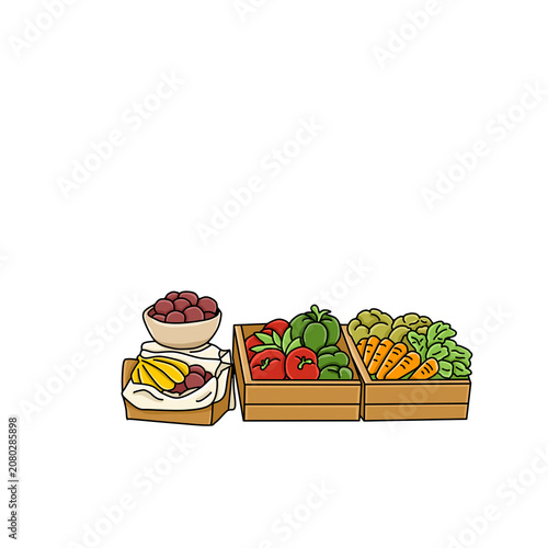 Fresh fruits and vegetables in crates on market table vector