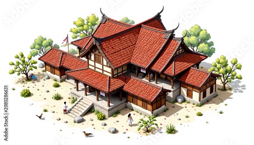 The image depicts a traditional style building with multiple interconnected sections, characterized by curved, upward sweeping rooflines with red tiles