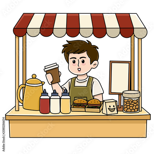 Foto Street coffee stall kiosk with barista character vector illustration
