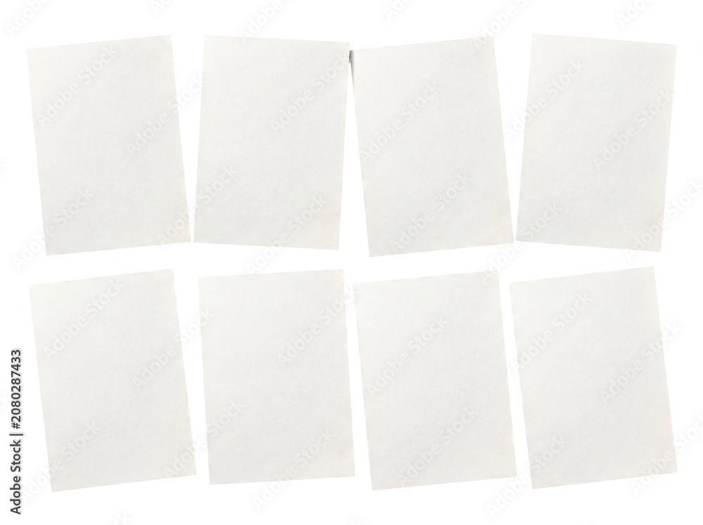 Fototapeta premium Eight blank vertical white paper sheets with slightly irregular edges, precisely arranged in two rows.