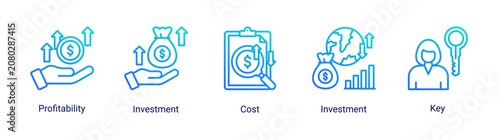 Tablou pe pânză Investment Analysis icon set featuring profitability assessment,cost evaluation,investment planning,and financial performance concepts
