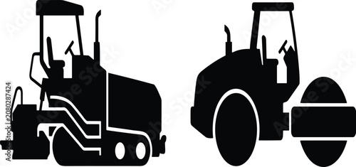 Schilderij op canvas Black silhouette icons of a road paver and a heavy duty construction soil compac
