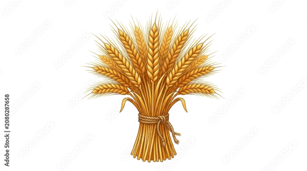 Fototapeta premium Golden barley bundle, detailed grain stalks, premium vector icon, isolated on white background.