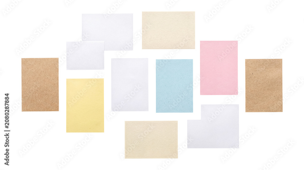 Fototapeta premium Grid arrangement of various blank rectangular paper notes in different colors and textures.