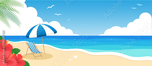 南国の美しい砂浜とビーチパラソルの背景イラスト素材 夏 海 ベクター ハイビスカス