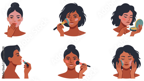 Obraz na płótnie Step by step face makeup application process for women of color set illustration