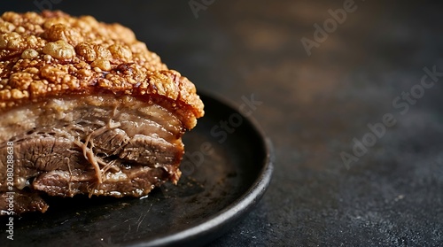 Juicy roasted pork belly with crispy golden crackling on dark plate