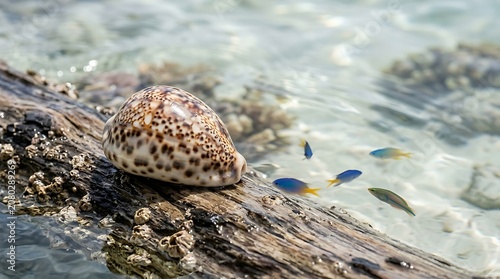 Spotted cowrie seashell on driftwood in clear tropical water with fish