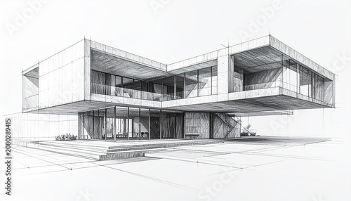 Elegant Architectural Pencil Rendering Showcasing Detailed Building Design Professional Draftsmanship Smooth Graphite Texture and Wide Copy Space for Creative Commercial Applications