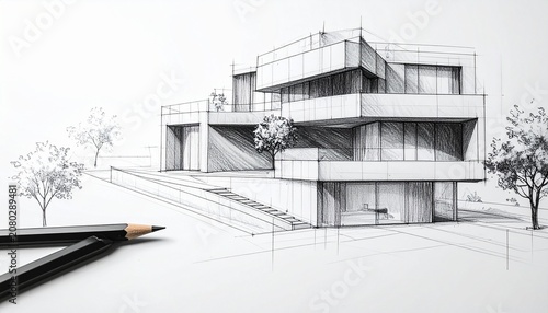Professional Architectural Sketch in Pencil Featuring Detailed Shading Technical Drafting Clean Composition and Spacious Background for Creative Branding Marketing and Editorial Use