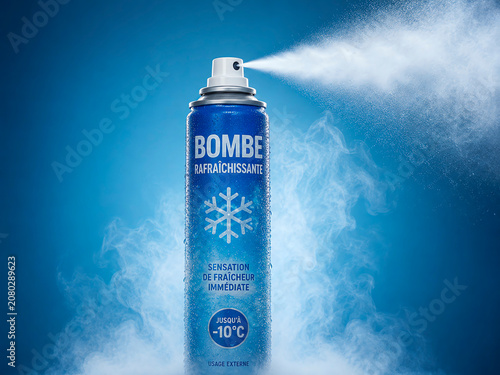 Refreshing spray canister in action, releasing a cold mist against a vibrant blue background. Conceptual product shot for instant cooling and thermal relief in summer.