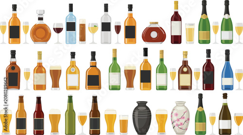 Bild auf Leinwand Collection of various alcoholic beverages in glass bottles and drinking glasses
