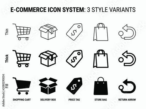 Shopping Cart Box and Price Tag Ecommerce Icon System: 3 Style Variants