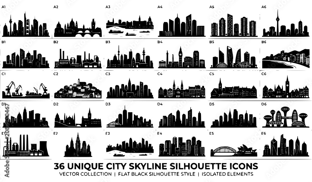 Obraz premium Modern Urban Skyline Silhouette Set With City Architecture And Downtown Vector Elements