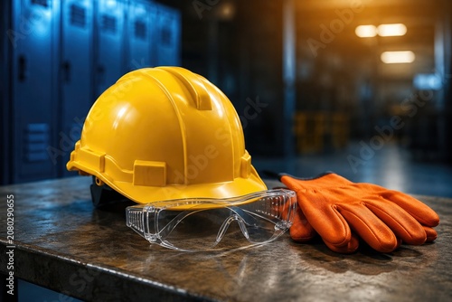 Casque de chantier lunettes de protection et gants sur une table industrielle
