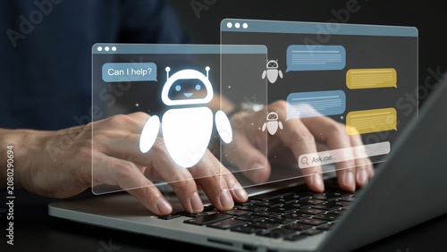 Person typing on a laptop with a digital chatbot assistant interface on the screen