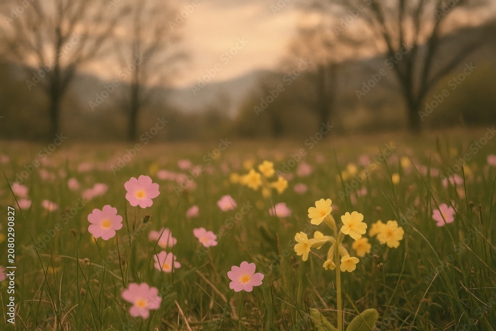 Fototapeta premium Vibrant wildflowers in serene meadow.