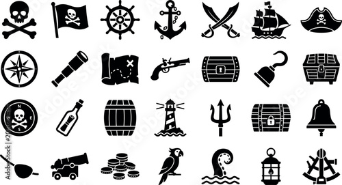 Billede på lærred Collection of vintage maritime nautical equipment skull crossbones flag and sea