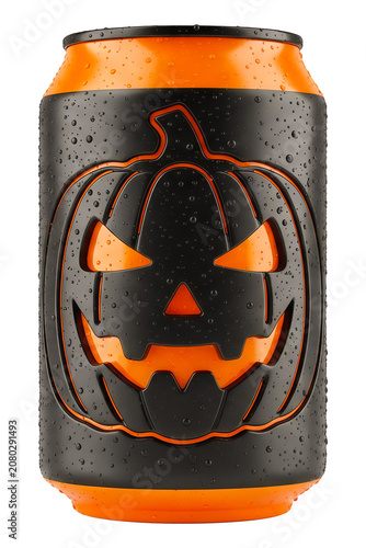 Cold black and orange aluminium soda can with jack-o'-lantern pumpkin face print and water droplets, beverage