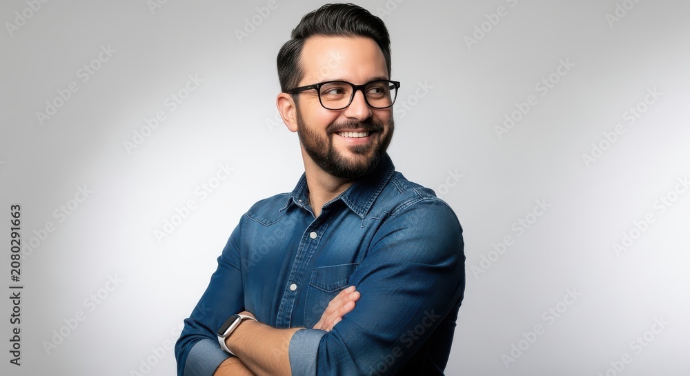 Fototapeta premium Confident Smiling Businessman in Denim Shirt and Glasses Looking Away with Arms Crossed on White Background