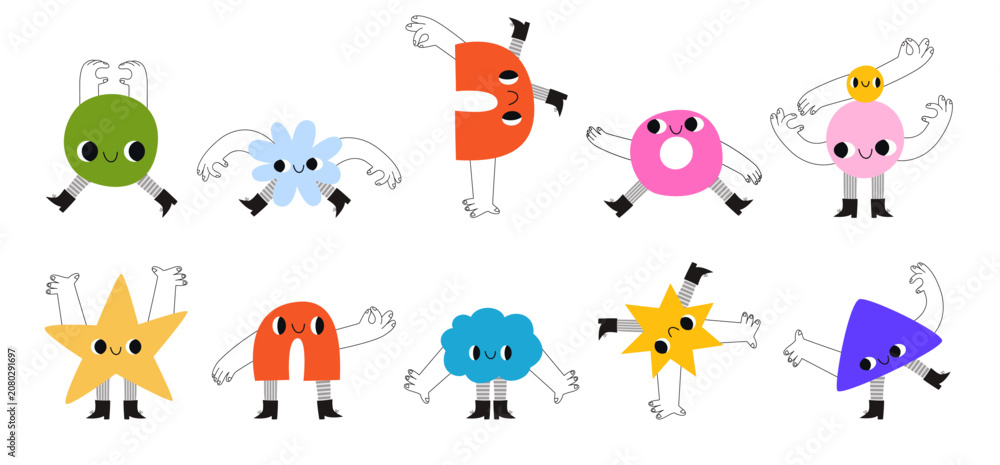 Obraz premium Naive playful abstract geometric shapes characters doing acrobatics Hand drawn whimsical cartoon figures with hands and legs for children education poster and logo design