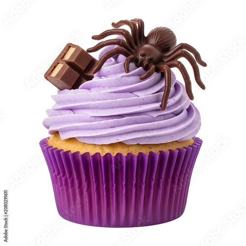 Halloween cupcake with purple frosting and a decorative chocolate spider isolated on a transparent background