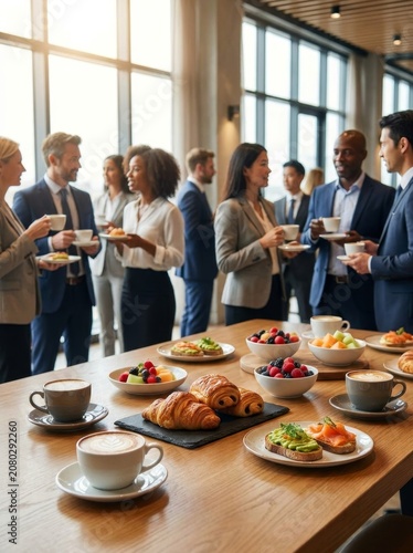 Group of professionals enjoying a brunch in a modern office setting, enhancing networking opportunities.