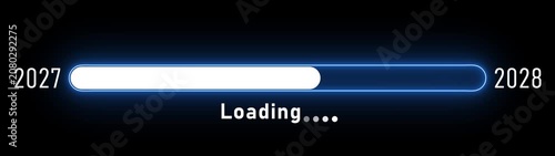 Futuristic loading progress bar timeline 2027 to 2028 with glowing white progress indicator