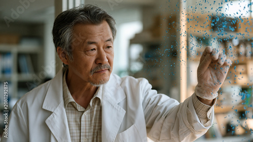 Obraz w ramie Scatter plot correlation data etched on frosted glass office partition in Seoul research institute, Korean epidemiologist tracing infectious disease outbreak clusters with gloved