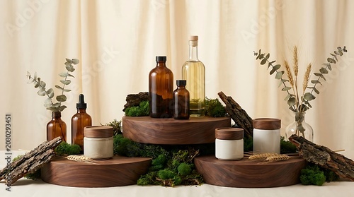 Natural Skincare and Wellness Products Displayed with Organic Elements.