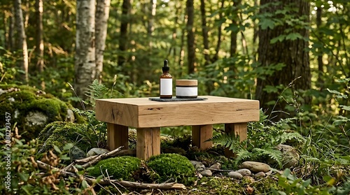 Natural Skincare Products on Wooden Table in Lush Green Forest Setting.