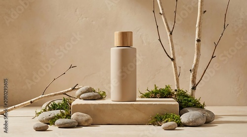 Natural Skincare Product Display with Earthy Tones and Organic Elements.