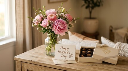 Mother's day gifts with pink flower bouquet and chocolates on table