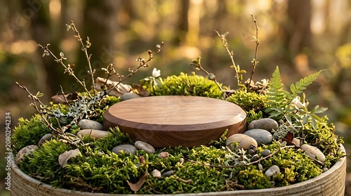 Natural Wooden Product Display Pedestal with Moss and Stones in Enchanting Forest Setting.
