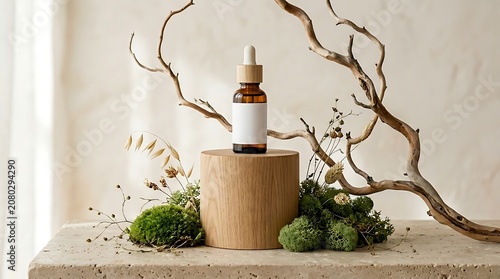 Natural organic cosmetic serum bottle on wooden pedestal with moss and branches.