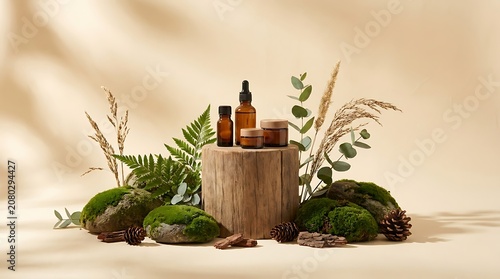 Natural Skincare Products Displayed on Wooden Stump with Moss and Greenery.