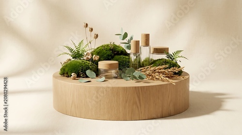 Natural Skincare Products Displayed on Wooden Pedestal with Moss and Greenery.