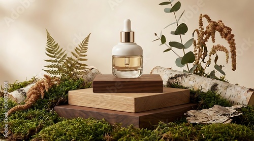 Natural Skincare Serum Bottle Displayed on Wooden Blocks with Moss and Ferns.