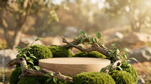 Wooden Product Display Podium with Moss and Branches in a Natural Outdoor Setting.