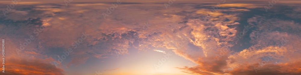 Fototapeta premium Sky sunset panorama featuring glowing cirrus clouds during golden hour for architectural visualization and professional sky replacement