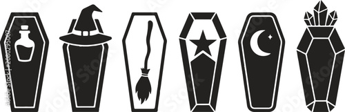 Set of Halloween vampire coffin open silhouettes black icon Vector illustration and six black silhouette coffin designs for Halloween or gothic themed projects